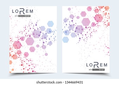 Vector templates for brochure magazine leaflet flyer cover booklet annual report. Modern futuristic hexagonal pattern with particle, molecule structure for medical, technology, chemistry, science