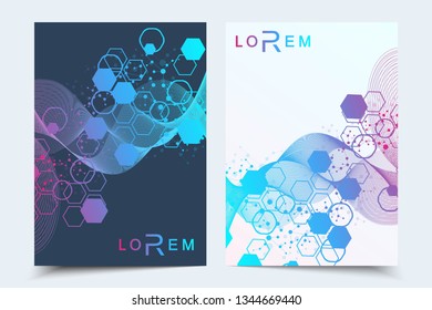 Vector templates for brochure magazine leaflet flyer cover booklet annual report. Modern futuristic hexagonal pattern with particle, molecule structure for medical, technology, chemistry, science