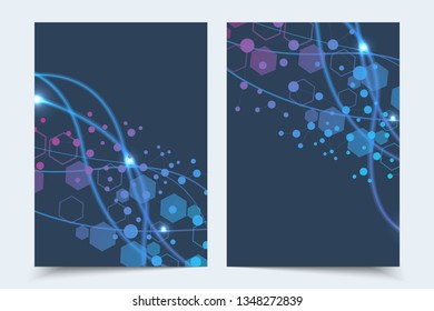 Vector templates for brochure magazine leaflet flyer cover booklet annual report. Modern futuristic hexagonal pattern with particle, molecule structure for medical, technology, chemistry, science