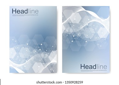 Vector templates for brochure magazine leaflet flyer cover booklet annual report. Modern futuristic hexagonal pattern with particle, molecule structure for medical, technology, chemistry, science