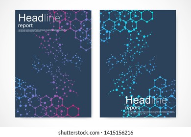 Vector templates for brochure magazine leaflet flyer cover booklet annual report. Modern futuristic hexagonal pattern with particle, molecule structure for medical, technology, chemistry, science.