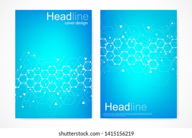 Vector templates for brochure magazine leaflet flyer cover booklet annual report. Modern futuristic hexagonal pattern with particle, molecule structure for medical, technology, chemistry, science.