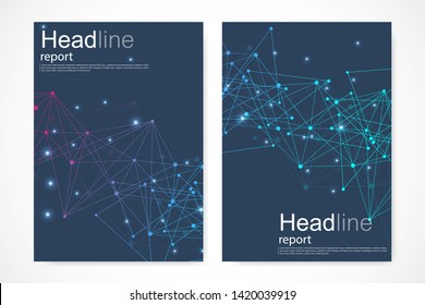 Vector templates for brochure magazine leaflet flyer cover booklet annual report. Modern futuristic hexagonal pattern with particle, molecule structure for medical, technology, chemistry, science.