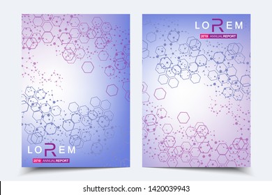 Vector templates for brochure magazine leaflet flyer cover booklet annual report. Modern futuristic hexagonal pattern with particle, molecule structure for medical, technology, chemistry, science.