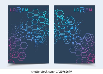 Vector templates for brochure magazine leaflet flyer cover booklet annual report. Modern futuristic hexagonal pattern with particle, molecule structure for medical, technology, chemistry, science.
