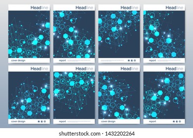 Vector templates for brochure magazine leaflet flyer cover booklet annual report. Modern futuristic hexagonal pattern with particle, molecule structure for medical, technology, chemistry, science.