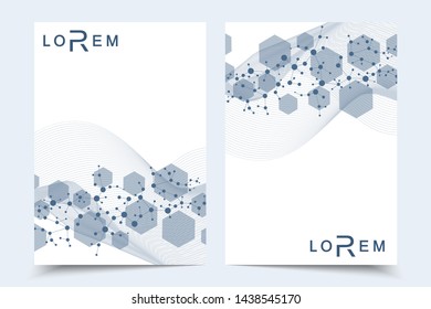 Vector templates for brochure magazine leaflet flyer cover booklet annual report. Modern futuristic hexagonal pattern with particle, molecule structure for medical, technology, chemistry, science.