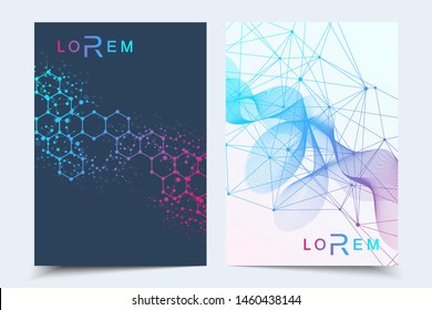 Vector templates for brochure magazine leaflet flyer cover booklet annual report. Modern futuristic hexagonal pattern with particle, molecule structure for medical, technology, chemistry, science.