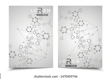 Vector templates for brochure magazine leaflet flyer cover booklet annual report. Modern futuristic hexagonal pattern with particle, molecule structure for medical, technology, chemistry, science.