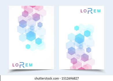 Vector templates for brochure magazine leaflet flyer cover booklet annual report. Modern futuristic hexagonal pattern with particle, molecule structure for medical, technology, chemistry, science.