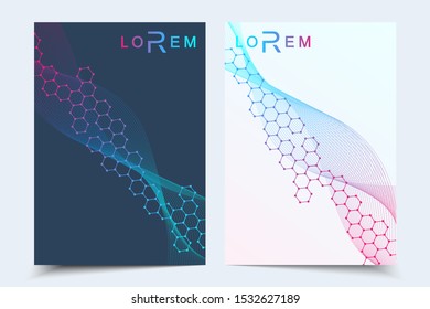 Vector templates for brochure magazine leaflet flyer cover booklet annual report. Modern futuristic hexagonal pattern with particle, molecule structure for medical, technology, chemistry, science.