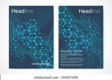Vector templates for brochure magazine leaflet flyer cover booklet annual report. Modern futuristic hexagonal pattern with particle, molecule structure for medical, technology, chemistry, science.