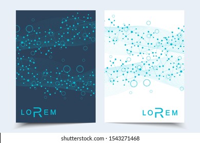 Vector templates for brochure magazine leaflet flyer cover booklet annual report. Modern futuristic hexagonal pattern with particle, molecule structure for medical, technology, chemistry, science.