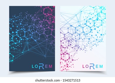 Vector templates for brochure magazine leaflet flyer cover booklet annual report. Modern futuristic hexagonal pattern with particle, molecule structure for medical, technology, chemistry, science.