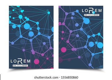 Vector templates for brochure magazine leaflet flyer cover booklet annual report. Modern futuristic hexagonal pattern with particle, molecule structure for medical, technology, chemistry, science.