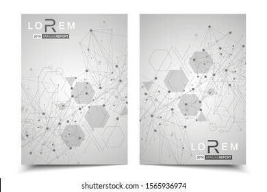 Vector templates for brochure magazine leaflet flyer cover booklet annual report. Modern futuristic hexagonal pattern with particle, molecule structure for medical, technology, chemistry, science.