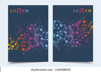 Vector templates for brochure magazine leaflet flyer cover booklet annual report. Modern futuristic hexagonal pattern with particle, molecule structure for medical, technology, chemistry, science.