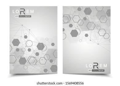 Vector templates for brochure magazine leaflet flyer cover booklet annual report. Modern futuristic hexagonal pattern with particle, molecule structure for medical, technology, chemistry, science.