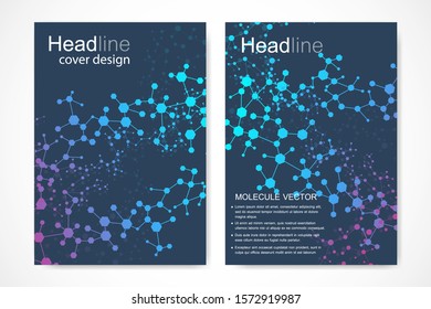 Vector templates for brochure magazine leaflet flyer cover booklet annual report. Modern futuristic hexagonal pattern with particle, molecule structure for medical, technology, chemistry, science.