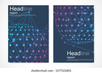 Vector templates for brochure magazine leaflet flyer cover booklet annual report. Modern futuristic hexagonal pattern with particle, molecule structure for medical, technology, chemistry, science.