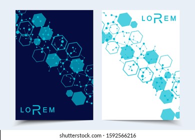 Vector templates for brochure magazine leaflet flyer cover booklet annual report. Modern futuristic hexagonal pattern with particle, molecule structure for medical, technology, chemistry, science.
