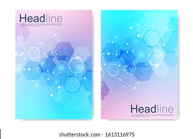 Vector templates for brochure magazine leaflet flyer cover booklet annual report. Modern futuristic hexagonal pattern with particle, molecule structure for medical, technology, chemistry, science.