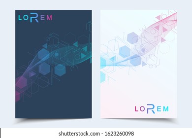 Vector templates for brochure magazine leaflet flyer cover booklet annual report. Modern futuristic hexagonal pattern with particle, molecule structure for medical, technology, chemistry, science.