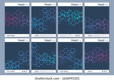 Vector templates for brochure magazine leaflet flyer cover booklet annual report. Modern futuristic hexagonal pattern with particle, molecule structure for medical, technology, chemistry, science.