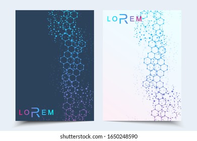 Vector templates for brochure magazine leaflet flyer cover booklet annual report. Modern futuristic hexagonal pattern with particle, molecule structure for medical, technology, chemistry, science.