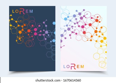 Vector templates for brochure magazine leaflet flyer cover booklet annual report. Modern futuristic hexagonal pattern with particle, molecule structure for medical, technology, chemistry, science.