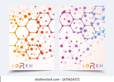 Vector templates for brochure magazine leaflet flyer cover booklet annual report. Modern futuristic hexagonal pattern with particle, molecule structure for medical, technology, chemistry, science.