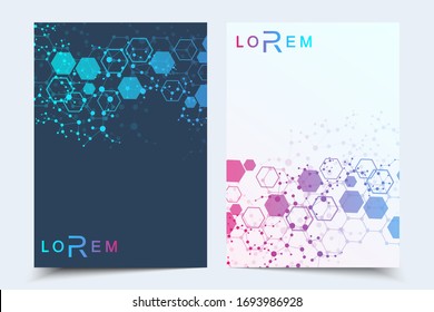 Vector templates for brochure magazine leaflet flyer cover booklet annual report. Modern futuristic hexagonal pattern with particle, molecule structure for medical, technology, chemistry, science.