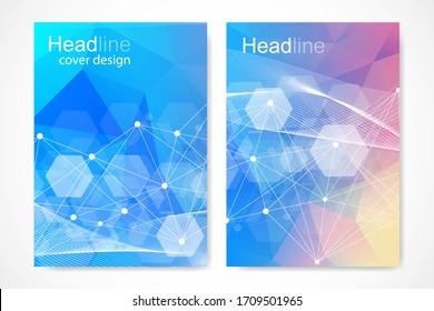 Plantillas vectoriales para el folleto de portada del folleto de la revista. Diseño hexagonal futurista moderno con partículas, estructura molécula para medicina, tecnología, química, ciencia.