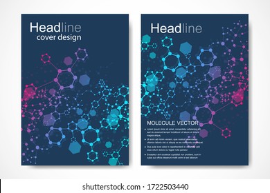 Vector templates for brochure magazine leaflet flyer cover booklet annual report. Modern futuristic hexagonal pattern with particle, molecule structure for medical, technology, chemistry, science.