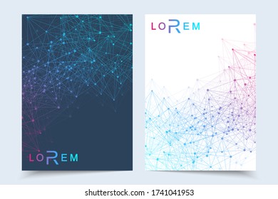 Vector templates for brochure magazine leaflet flyer cover booklet annual report. Modern futuristic hexagonal pattern with particle, molecule structure for medical, technology, chemistry, science.