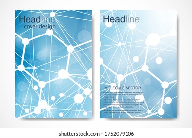 Vector templates for brochure magazine leaflet flyer cover booklet annual report. Modern futuristic hexagonal pattern with particle, molecule structure for medical, technology, chemistry, science.