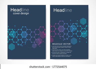 Vector templates for brochure magazine leaflet flyer cover booklet annual report. Modern futuristic hexagonal pattern with particle, molecule structure for medical, technology, chemistry, science