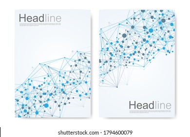 Vector templates for brochure magazine leaflet flyer cover booklet annual report. Modern futuristic hexagonal pattern with particle, molecule structure for medical, technology, chemistry, science.