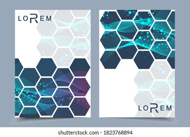 Plantillas de vectores para el informe anual del folleto de portada del folleto de la revista. Patrón hexagonal futurista moderno con partícula, estructura molécula para medicina, tecnología, química, ciencia