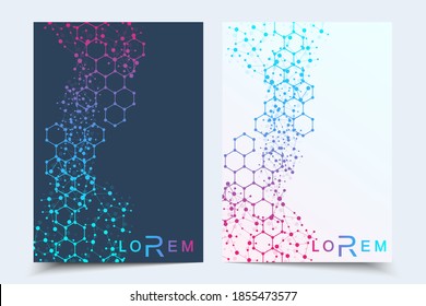 Plantillas de vectores para el informe anual del folleto de portada del folleto de la revista. Patrón hexagonal futurista moderno con partícula, estructura molécula para medicina, tecnología, química, ciencia