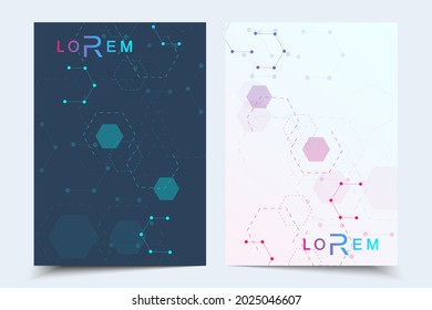 Vector templates for brochure magazine leaflet flyer cover booklet annual report. Modern futuristic hexagonal pattern with particle, molecule structure for medical, technology, chemistry, science