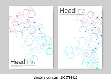 Vector templates for brochure magazine leaflet flyer cover booklet annual report. Modern futuristic hexagonal pattern with particle, molecule structure for medical, technology, chemistry, science