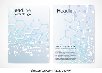 Vector templates for brochure magazine leaflet flyer cover booklet annual report. Modern futuristic hexagonal pattern with particle, molecule structure for medical, technology, chemistry, science.