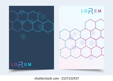 Vector templates for brochure magazine leaflet flyer cover booklet annual report. Modern futuristic hexagonal pattern with particle, molecule structure for medical, technology, chemistry, science.