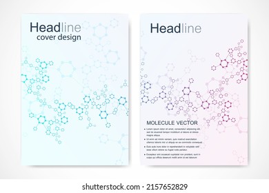 Vector templates for brochure magazine leaflet flyer cover booklet annual report. Modern futuristic hexagonal pattern with particle, molecule structure for medical, technology, chemistry, science.