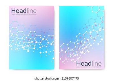 Plantillas de vectores para el informe anual del folleto de portada del folleto de la revista. Patrón hexagonal futurista moderno con partícula, estructura molécula para medicina, tecnología, química, ciencia.