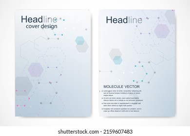Vector templates for brochure magazine leaflet flyer cover booklet annual report. Modern futuristic hexagonal pattern with particle, molecule structure for medical, technology, chemistry, science.
