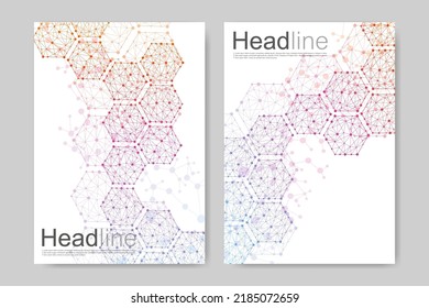 Vector templates for brochure magazine leaflet flyer cover booklet annual report. Modern futuristic hexagonal pattern with particle, molecule structure for medical, technology, chemistry, science