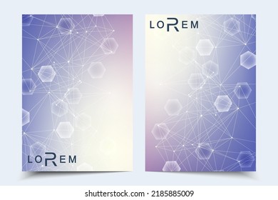 Vector templates for brochure magazine leaflet flyer cover booklet annual report. Modern futuristic hexagonal pattern with particle, molecule structure for medical, technology, chemistry, science