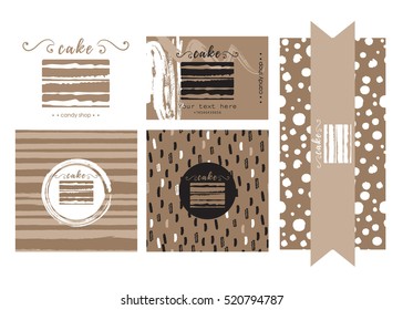 Vector templates for cafe,  candy shop, sweet shop, confectionery. Candy shop logo and  card with seamless patterns with hand drawn textures. Vector design logo and corporate style. Branding. 